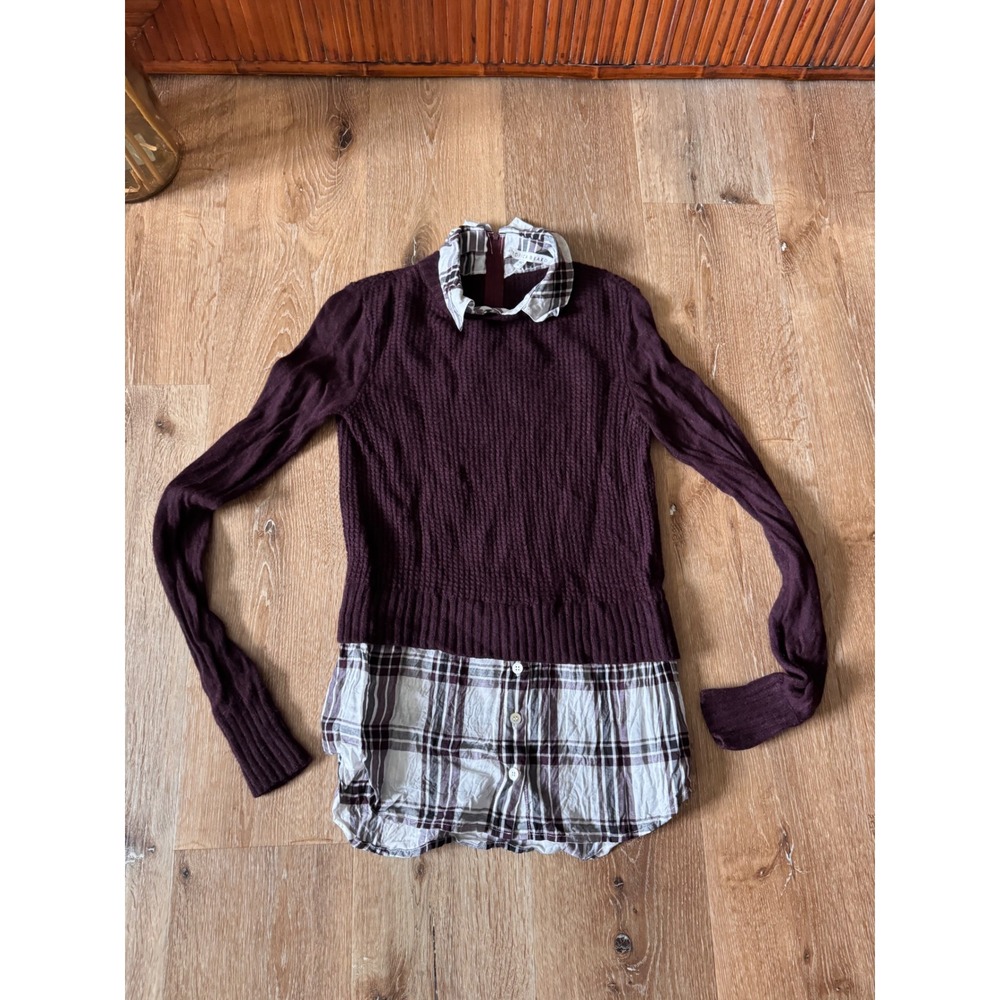 Veronica Beard Burgundy Mixed Media Plaid Layer Sweater Cashmere Wool Blend Sz S